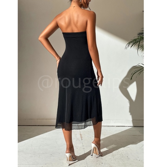 Strapless Tube Black Mesh Dress Stretchy Midi - Picture 4 of 10